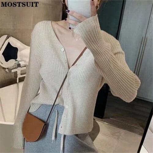 Solid Casual V-neck Cardigan Sweater Women Full Sleeve Single Breasted All Match Basic Jumpers Fashion Vintage Female Tops 2021