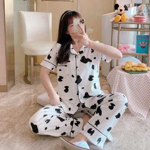 2019 Summer Cotton Print Pajama Sets for Women Short Sleeve Sleepwear Pyjama Long Pants Loungewear Homewear Pijama Mujer Clothes