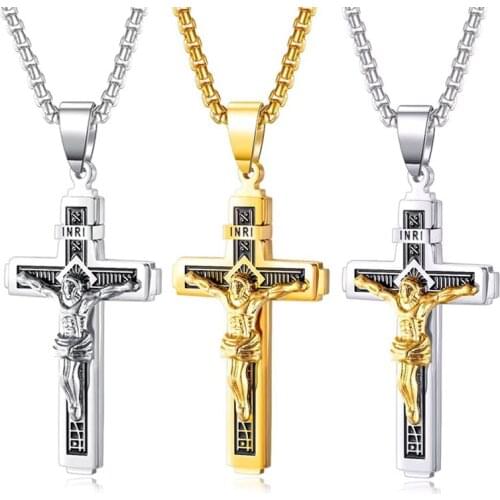 Catholic Jesus Christ On INRI Cross Crucifix Stainless Steel Pendant Necklace
