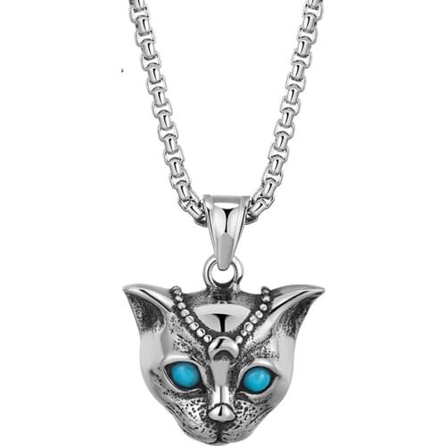 Gothic Fashion Moon Shape Sterling Silver Pendant Necklace Stainless steel Retro Style Punk Cat Green Eye Pendant