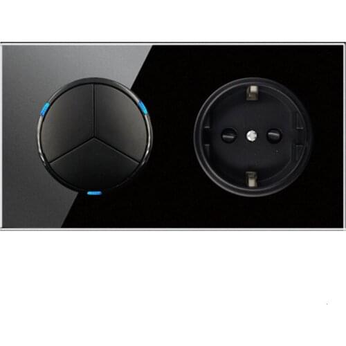 146 Type 3 gang 2 way Germany Socket Crystal Tempered Pure Glass Panel 13a Double Eu Standard Wall Power Socket Grounded black