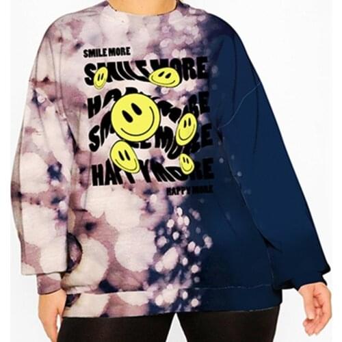 Tie-dye Smiling Face Print Round Collar Sweatshirt Women Oversized Casual Vintage Pullover New Autumn Stretwear Fashion Gril Top