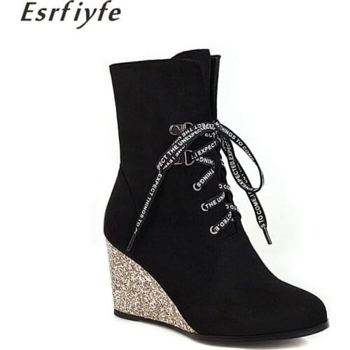 ESRFIYFE 2020 New Winter Women Ankle Boots Platform Wedge Heels Booties Female High Heels Autumn Shoes Woman Chaussure Femme
