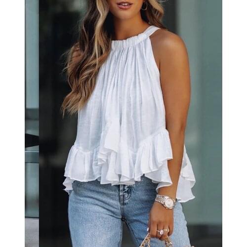 2021 Summer BM Style Plunge Ruched Sleeveless Casual Streetwear Womens T-Shirts Vest Outfits Halter Ruffles Top