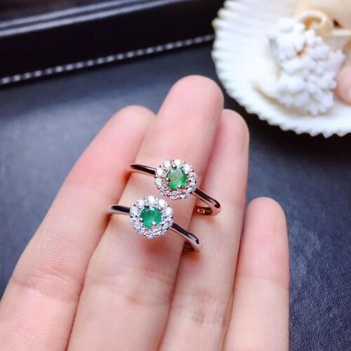 Woman silver ring natural green emerald ring natural gem 925 sterling silver round flower girl birthday gift good color center