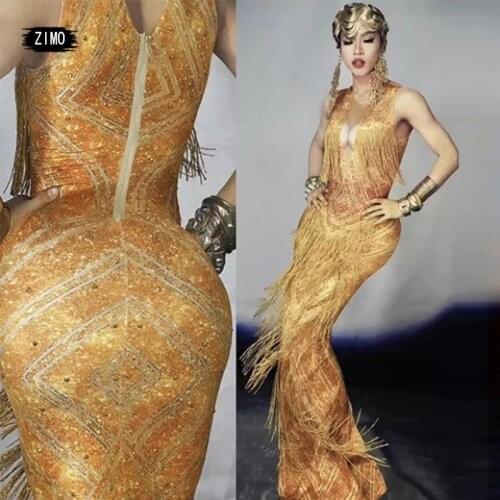 Gold Rhinestone Fringes long Dress Stage Wear Elastic Sexy club Sleeveless Tassel Singer Evening designer dresses runway elegant