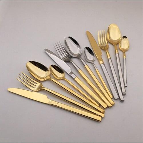 4 pcs Stainless Steel Silver Mirror Polishing Tableware Set Dinnerware Sets Golden Cutlery Knife Scoop Fork Set Western Food Set