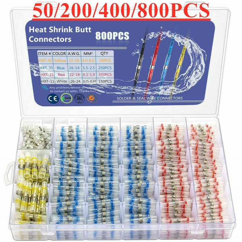 800Pcs Waterproof Solder Seal Sleeve Heat Shrink Butt Wire Connectors Terminals Electrical Wire Terminals Insulated Butt Splices