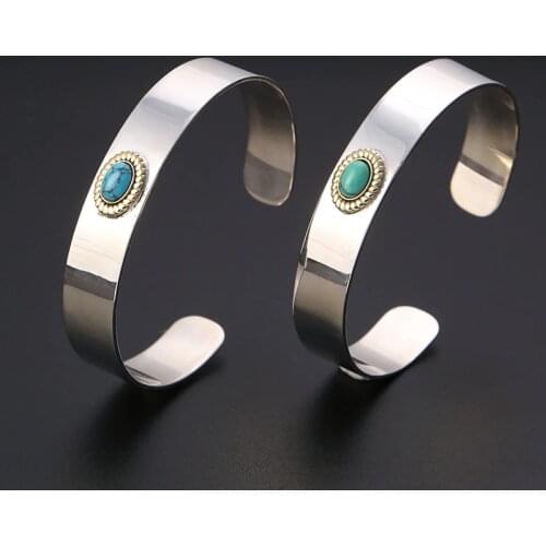 925 Sterling Silver color Green Blue Stone Indian Style Cuff Bangle Bracelet Men Women 12mm Band Handmade Thai Silver Jewelry