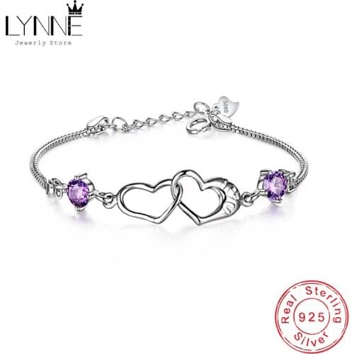 New Fashion 925 Sterling Silver Heart Zircon Charm Bracelets Double Love Heart Rhinestone CZ Pendant Bracelet Women Jewelry Gift