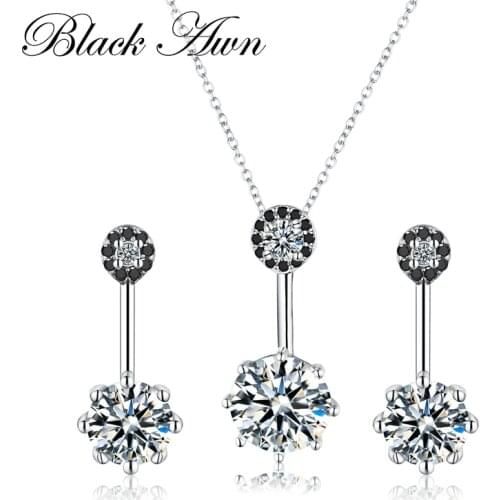 [BLACK AWN] Genuine 925 Sterling Silver Engagement Pendant Necklaces Stud Earrings Jewelry Sets for Women Lovers Gift Pt002