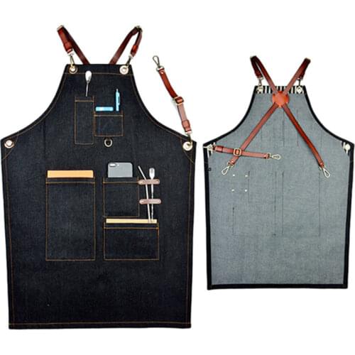 Black Denim Bib Apron Cow Split Leather Strap Barber Hairdresser Florist Artist Uniform Barista Bartender BBQ Chef Work Wear K17