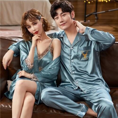 Lovers 2PCS Sleepwear Women Robe Set Men Long Sleeve Shirt&Pants Satin Silky Nightwear Couple Sleep Set Casual Home Clothing