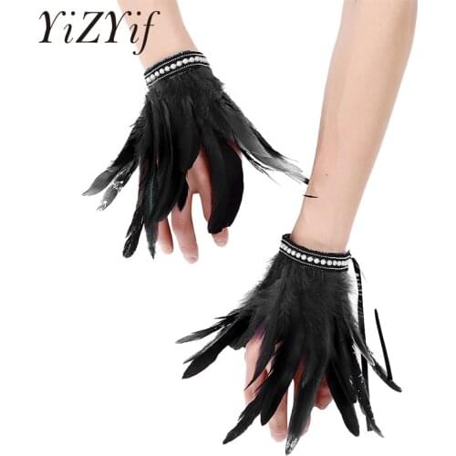 Gothic Punk Feather Wrist Cuffs Arm Cuffs Faux Pearl Lace Real Natural Dyed Rooster Feather Wrist Cuffs Halloween FeatherCostume