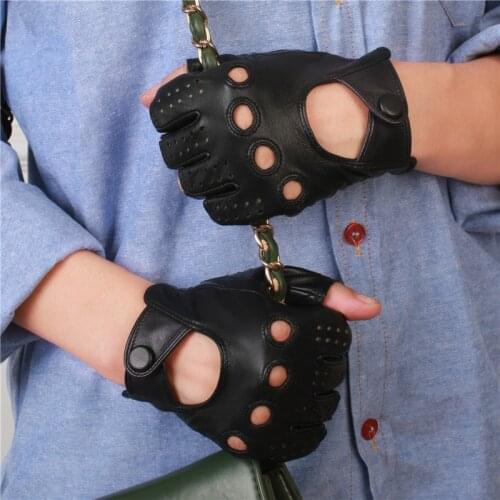 Imported Sheepskin Semi-Finger Woman Genuine Leather Locomotive Breathable Anti-Slip Driving Female Half-Finger Mittens NW1814