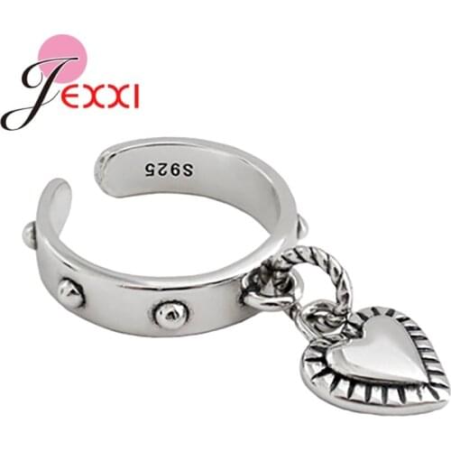 New Vintage 925 Sterling Silver Heart Tassel Pendant Punk Hollow Chain Open Adjustable Ring for Women Girls Jewelry