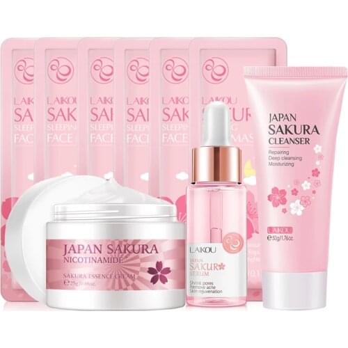 LAIKOU 4pcs Face Skin Care Set Cherry Blossom Essence Collagen Face Cream & Face Serum & Facial Sleeping Mask Beauty Makeup Suit