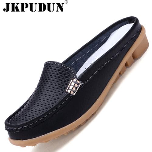 Women Casual Shoes Hollow Out Lady Half Lofers Genuine Leather Flats Moccasins Women Luxury Brand Half Slippers Zapatillas Mujer