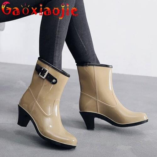 Autumn and Winter Korean Fashion High Heels Cotton Rain Shoes Womens Side Buckle Middle Tube Plush Rain Boots Rubber Water Shoe