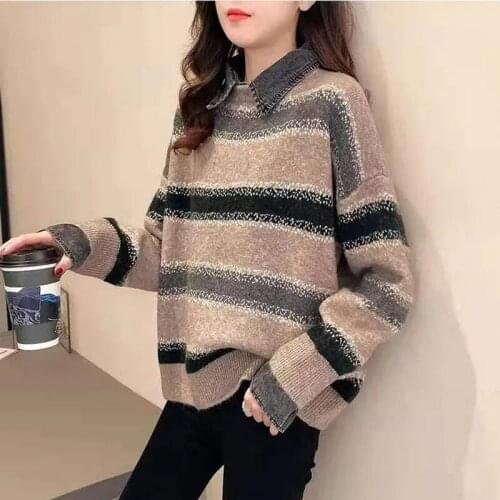 Autumn And Winter New Retro Literary Fake Two-piece Sweater Women 2021 Korean Version Of Loose Knit Striped All-match Casual Top