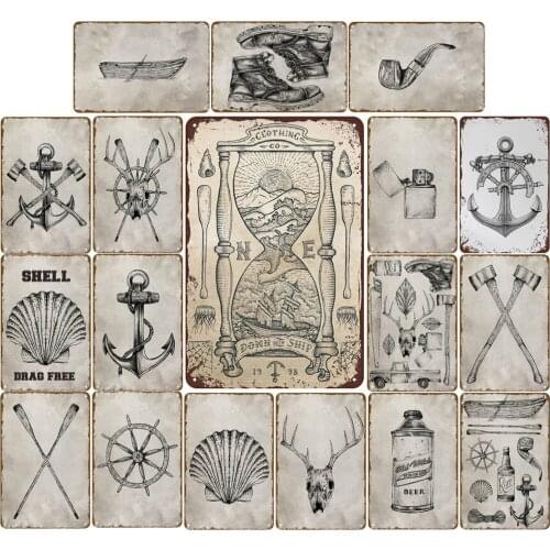 Personalized Metal Poster Vintage Plaques Sketch Hourglass Shoes Anchor Shell Pipe Lighter Axe Skull for Bar Gamer Room Decor