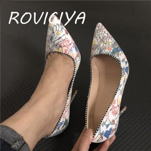 Spring pumps pointed toe 12cm high heels ladise shallow womens shoes party evening white doodling mesh cloth BM002 ROVICIYA