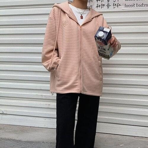 Preppy Style Solid Colors Small Plaid Hooded Sweatshirt Women Zip Up Pocket Loose Casual Hoodies Spring Autumn Leisure Cardigans