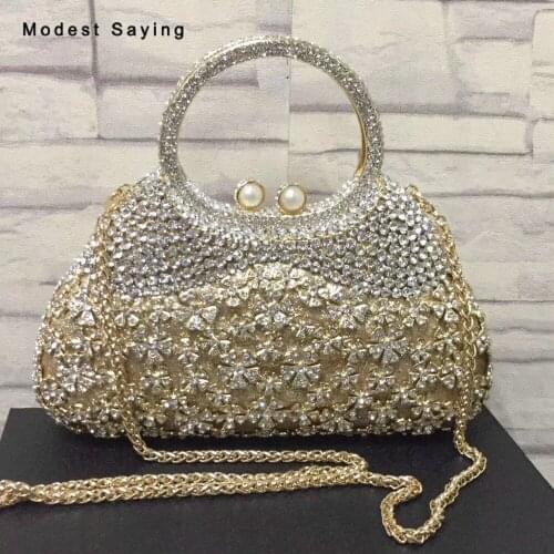 Royal Gold Bling Rhinesone Handbags for Wedding Party 2018 Women Blue Crystal Prom Evening Purse Dolly Bags Wedding Accessories
