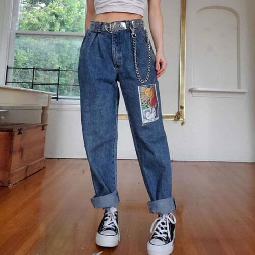 Ladies Jeans Fashion Printed Washed Ladies Jeans Women Trousers Casual Cloud Print Wide Leg Loose Jeans Pantalones De Mujer