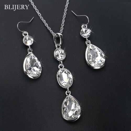 BLIJERY Silver Plated Crystal Bridal Jewelry Sets Waterdrops Pendant Necklace Earrings Sets for Women Party Wedding Jewelry Sets