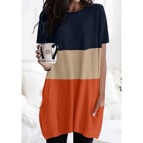 Patchwork Colour Leopard Pocket Ladies T-shirt Dress Short Sleeve Loose Casual Summer Fashion Simple O-neck A-line Women Dresses