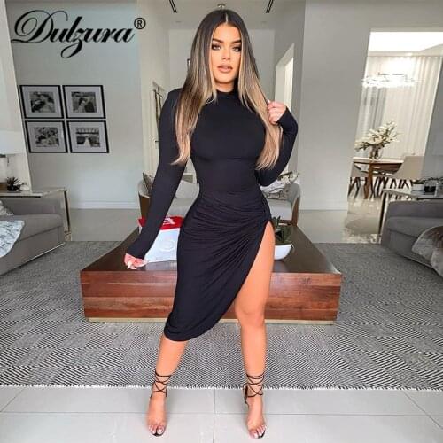 Dulzura Women Long Sleeve Midi Dress Ruched Side Slit Bodycon Sexy Party Elegant Streetwear 2020 Autumn Winter Club Festival