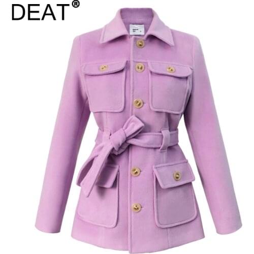 DEAT Woman Woolen Coat Purple Solid Sashes Lapel Collar Long Sleeve Jacket Causal Style 2021 New Autumn Fashion Korean 15XM666