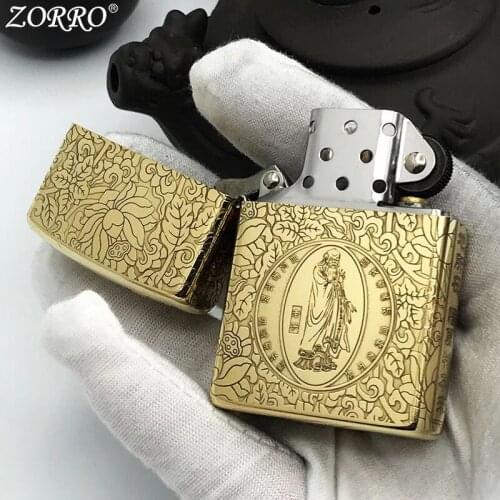 Zorro Kerosene Lighter Windproof Old Style Pure Copper Carving Pattern Gasoline Lighter Men Gift Smoking Tool