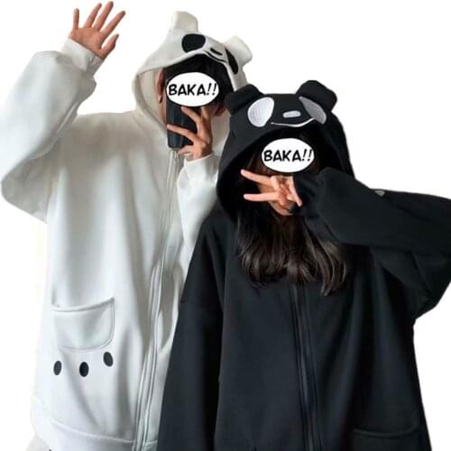 2021 Spring Couples Matching Clothes Women Bear Paw Embroidery Casual Zip-up Hoodies Cute Funny Panda Ears Hooded Sweatshirt
