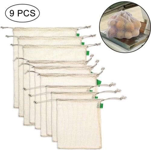 9pcs/set Premium Organic Cotton Mesh Produce Bags Reusable Washable Storage Drawstring Bag for Shopping, Grocery,Fruit Vegetable