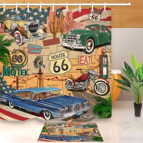 LB Antique Car Shower Curtain,Old Classic Car Theme American Vintage Route 66 Diner Motorcycle Shabby Chic Shower Curtain