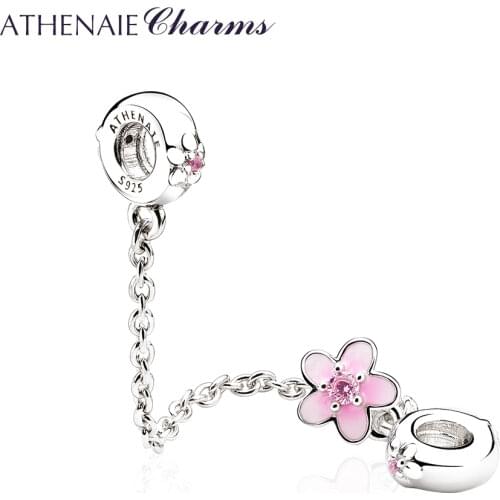 ATHENAIE 925 Sterling Silver Pink CZ and Enamel Cherry Flower Safety Chain Charms DIY Beads Fit Women Charm Bracelet