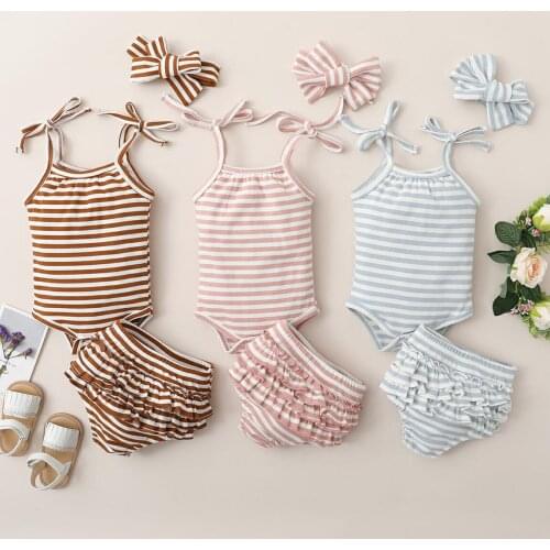 2021 New Toddler Girls Sleeveless Striped Crotch Buttons Sling Bodysuit Layered Ruffle Shorts Clothes Headband 3PCS Sets