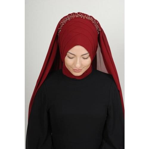 Burgundy Color Ready Hijab 3 Drape Shirred Bridal Veil