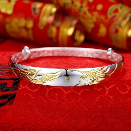 Womens 925 Silver 10mm Opening Adjustable Car Flower Dragon and Phoenix Bracelet Vera Two-color Bracelet Gift Jewelry Wholesale