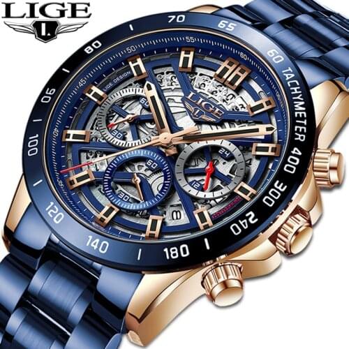 LIGE 2021 New Fashion Mens Watches with Stainless Steel Top Brand Luxury Sports Chronograph Quartz Watch Men Relogio Masculino
