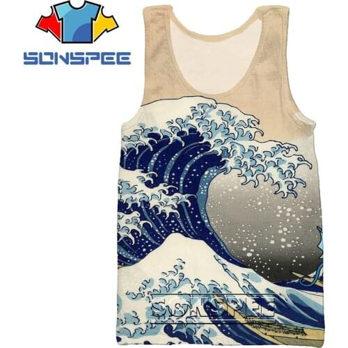 SONSPEE 3D Kanagawa Surfing Printed Vest Summer Beach Leisure Sports Oil Painting Japanese Harajuku Oversized Sleeveless T-shirt