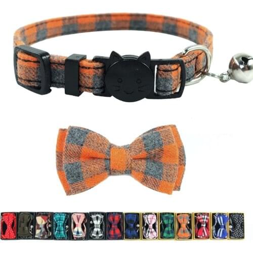 XPangle Cotton Cat Collar Breakaway Bowtie Bell Plaid Quick Release Safety Collars for Puppies Cats Kittens Accessories 17-28cm