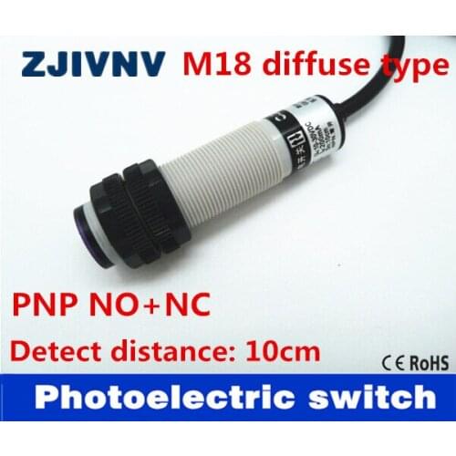 M18 diffuse type DC10-30V PNP NO+NC plastic sheel photoelectric sensor switch infrared photocell sensor distance 10cm, 4 wires