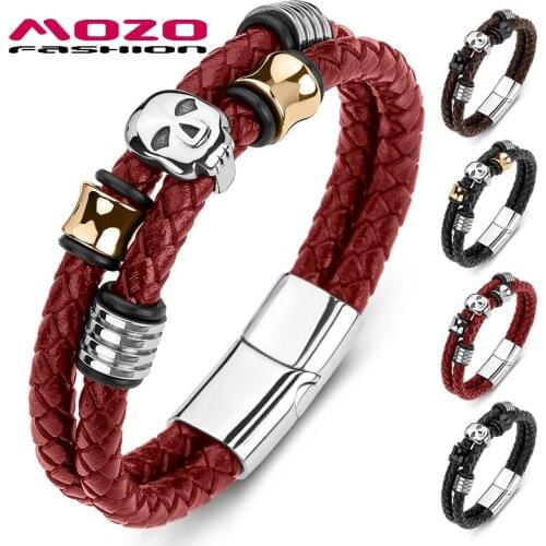 MOZO FASHION HOT Sale Men Bracelets Leather Rope Chain Stainless Steel Skull Punk Bangle Wholesale High Quality Jewelry 189