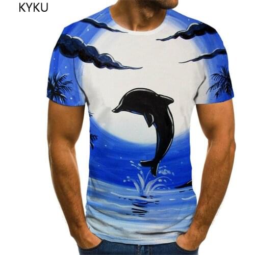 KYKU Dolphin T shirt Men Animal Funny T shirts Moon Shirt Print Funny Anime Clothes Short Sleeve Punk Rock Printed Slim Big Size