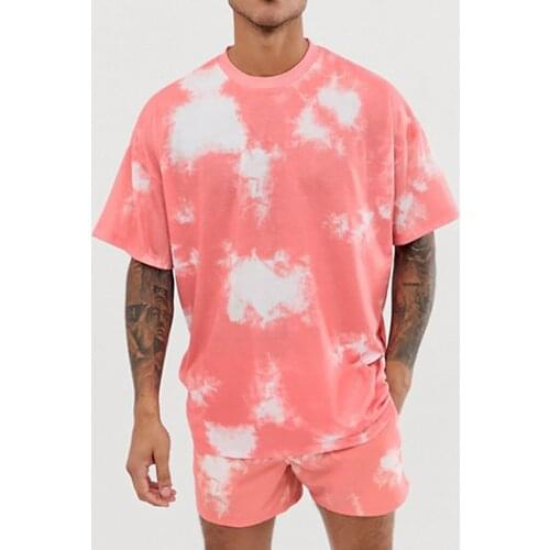Mens 2 Piece Outfit Sport Set Short Sleeve Tie-dye Print Leisure Short Tracksuits Sets Sweatshirt + Sweatpants Sportswear