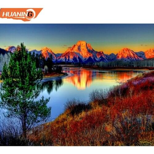 Huaning DIY Frame Painting By Numbers Landscape Mountain Lake Acrylic Paint On Canvas Handpainted Oil Painting For Home Wall Art