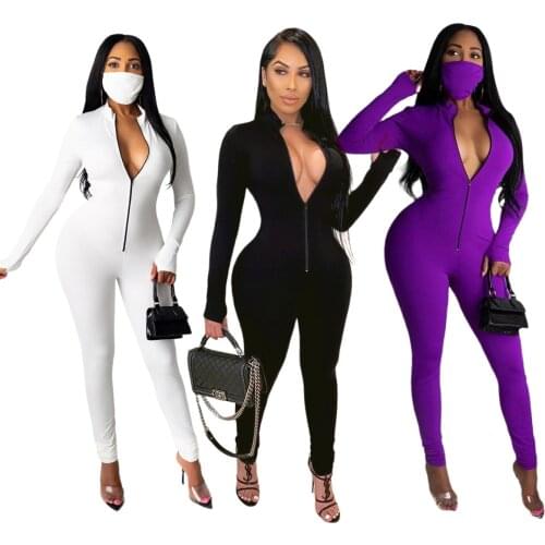 Sexy Bodycon Jumpsuits Long Sleeve V-neck Streetwear Zipper Playsuits Women Slim Solid Pencil Pants Jumpsuits White Black Purple